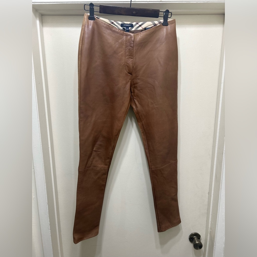 VTG Burberry Leather Pants Women's Size 4 Pull On Trousers Brown Made In Italy
